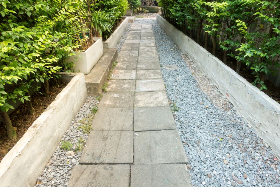 A narrow garden pathway with concrete paving slabs, bordered by two parallel wooden-edged flower beds filled with green shrubs and small trees. The slabs show signs of slight wear with some moss and d